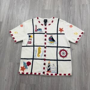 Vintage Short Sleeve Knit Cardigan Sweater Women's Medium Sailing Boat Yacht